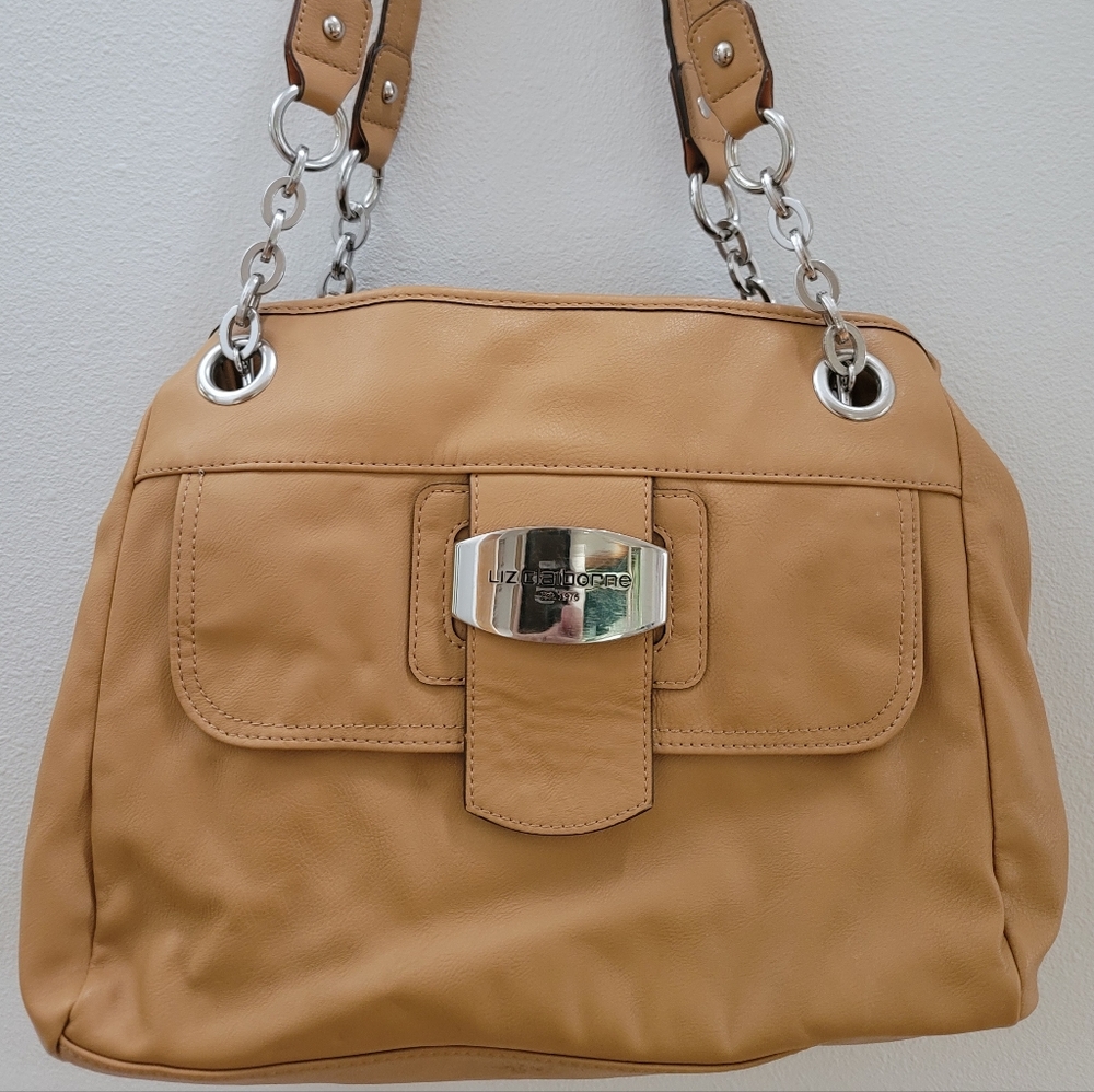 Liz Claiborne Leather Tan Bag Zipper Divided x2 3 Interior/2 Exterior Pockets